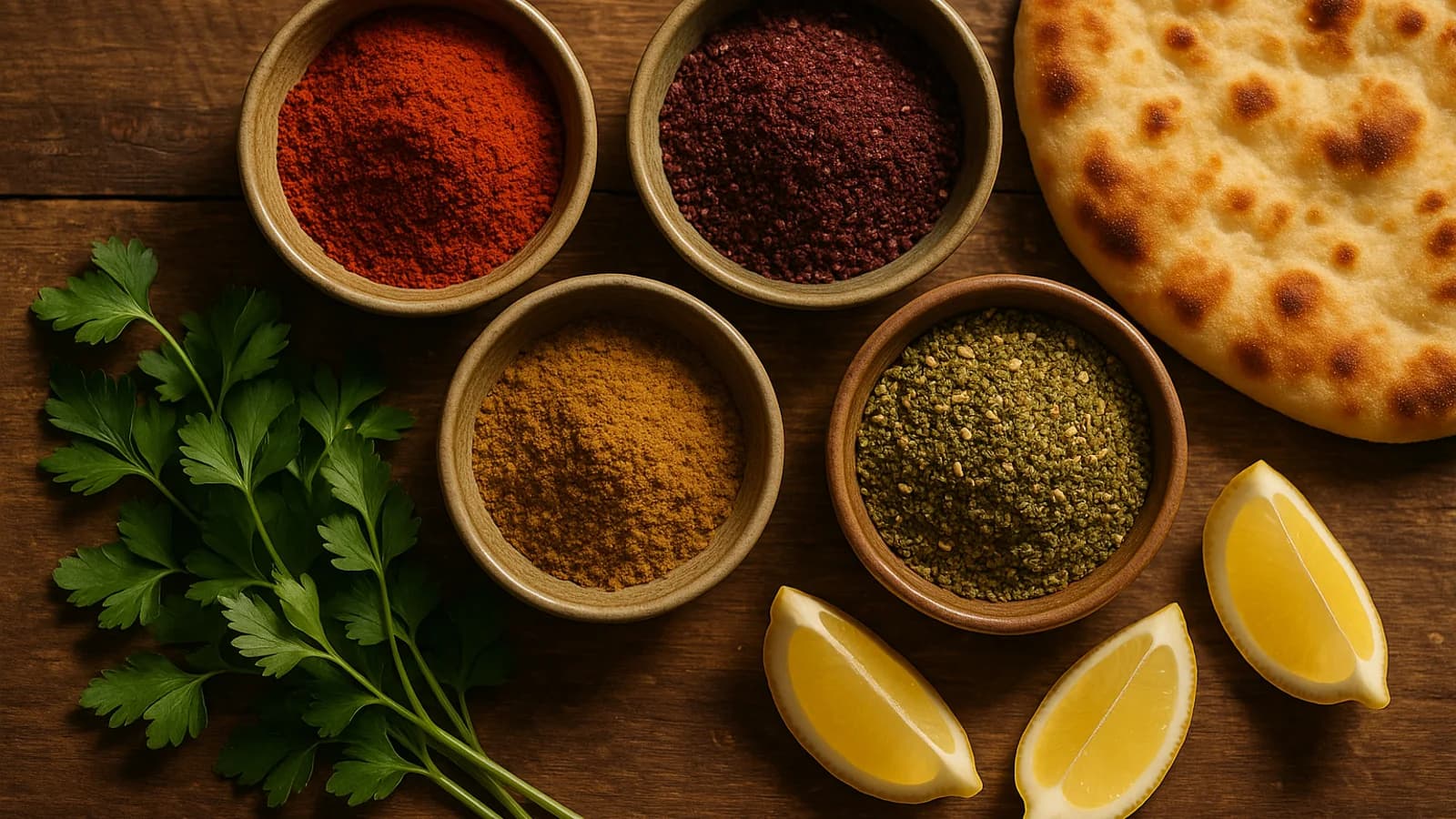 Overhead view of bowls with Middle Eastern spices (paprika, sumac, za'atar, cumin) on a rustic wooden table with flatbread and lemon.