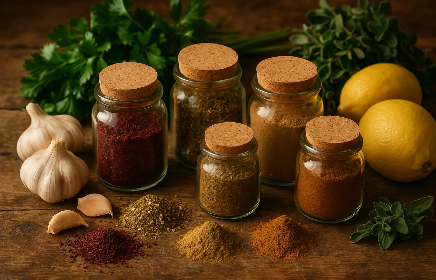 Close-up of Middle Eastern spices in jars with fresh herbs, garlic, and lemons on a rustic table.