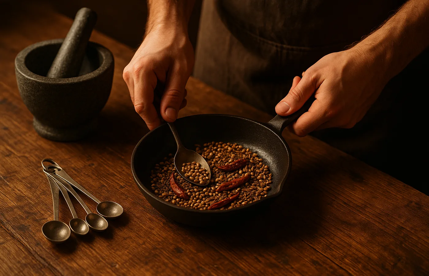 Hands toasting and grinding Middle Eastern spices in a skillet with mortar and pestle on a wooden table.
