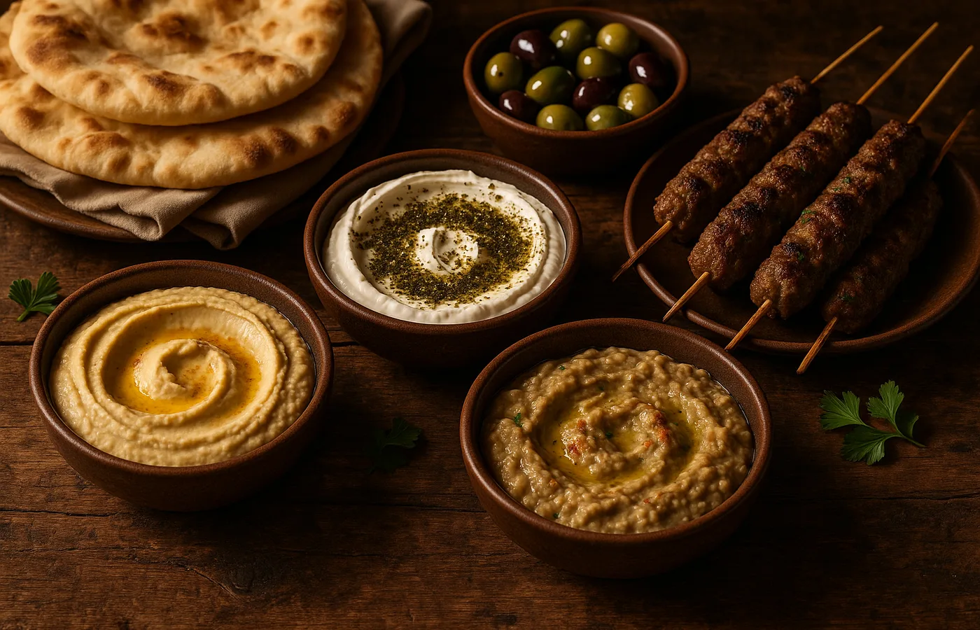 A mezze spread with hummus, baba ghanoush, labneh, grilled kebabs, and flatbread on a rustic table.