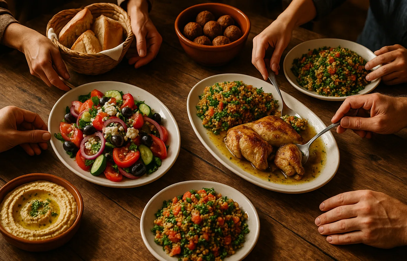 Community table with family-style Middle Eastern dishes, flatbread baskets, and people sharing a meal in warm lighting.